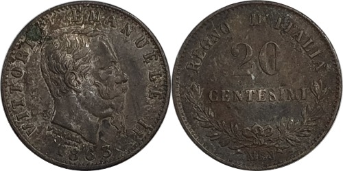 이탈리아 1863년 20 Centesimi 은화
